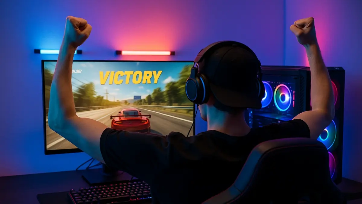 Gamer am Computer mit Victory-Meldung auf dem Bildschirm.
